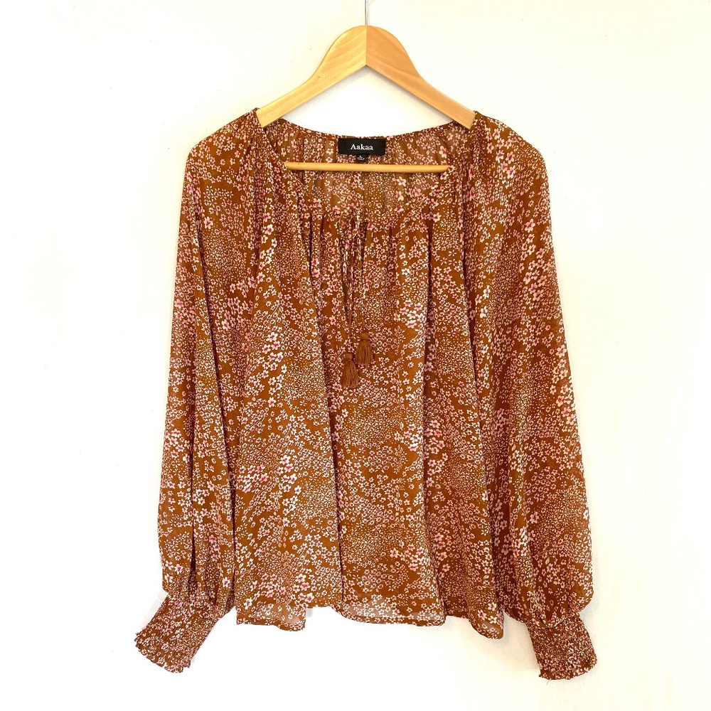 AAKAA Women's Large Semi-Sheer Peasant Blouse Balloon Sleeves Brown Floral